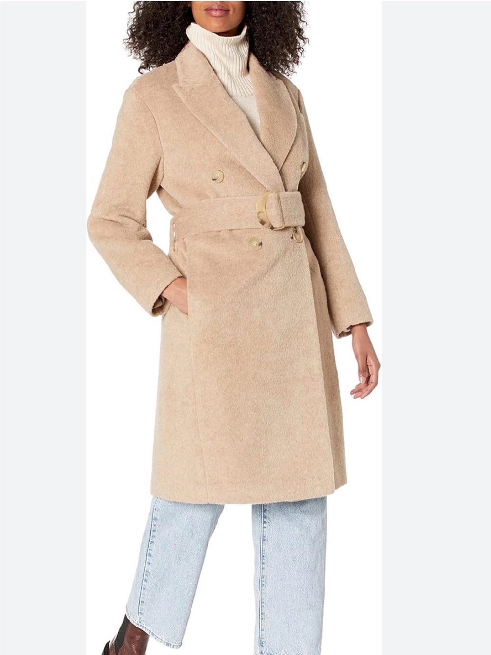 Vince Belted Peak Lapel Alpaca Wool Blend Beige Coat